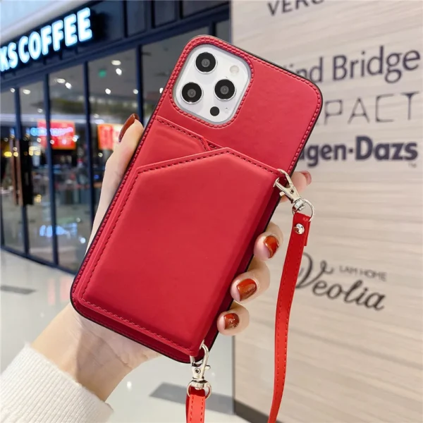 Lanyard Necklace Chain Leather Phone Case for iPhone 13 12 11 Pro Max Mini XR XS Max 7 8 Plus Strap Cord Rope With Wallet Cover - Imagen 9