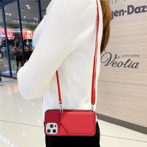 Lanyard Necklace Chain Leather Phone Case for iPhone 13 12 11 Pro Max Mini XR XS Max 7 8 Plus Strap Cord Rope With Wallet Cover - Imagen 7