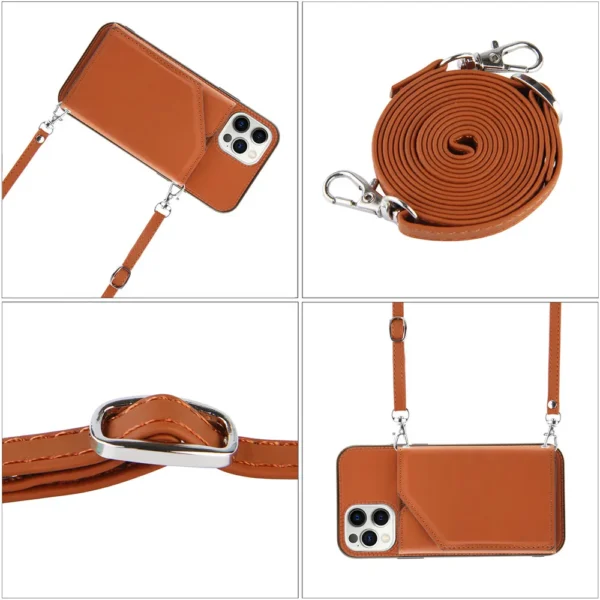 Lanyard Necklace Chain Leather Phone Case for iPhone 13 12 11 Pro Max Mini XR XS Max 7 8 Plus Strap Cord Rope With Wallet Cover - Imagen 5