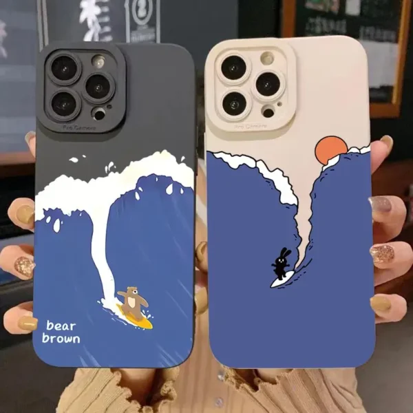 Ins Cartoon Cute Surfing Bear Phone Case for IPhone 16 Pro Max 15 Pro 14Plus 13 12 Anti-slip Soft TPU Phone Protective Cover